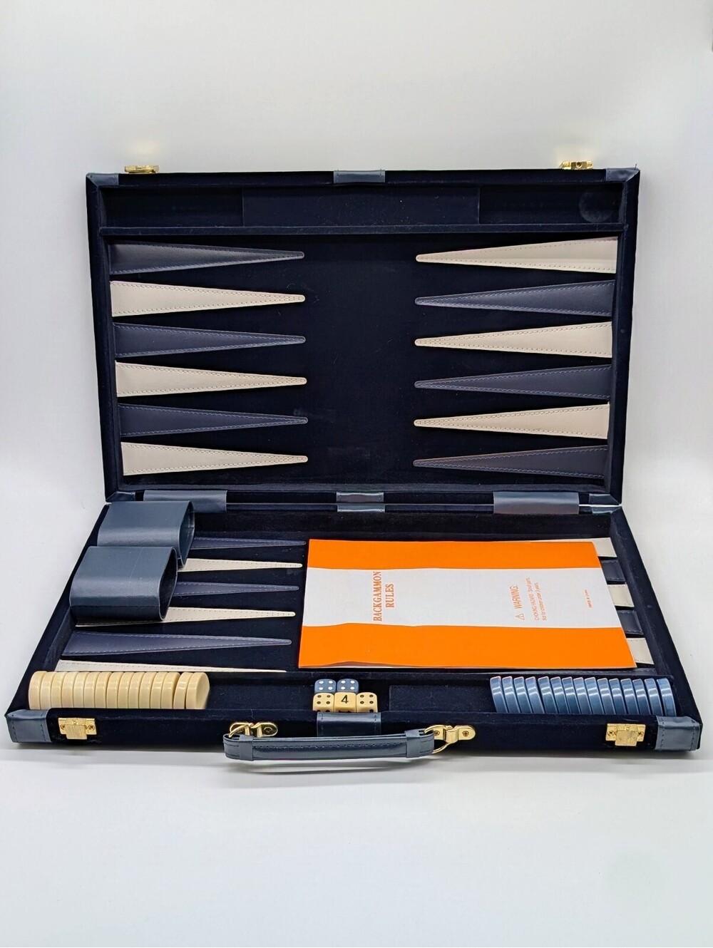 Vintage Navy Blue Velvet Briefcase Backgammon Set with Grey Faux-Leather Trim
